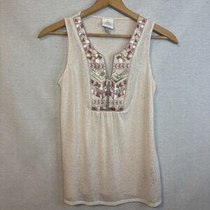 Knox Rose Womens Southwest Embroidered Embellished Knit Tank‎ Beige Pink Gold XS